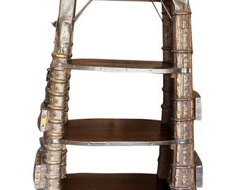 Bookcase Cabinet Old World Bookshelf, Rustic Ox Cart Harness Display Shelf, Rustic Eclectic Hand Carved Bookcase