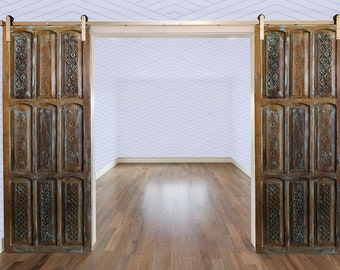 2 Vintage Carved Barn Door, Blue Hues Rustic Bedroom Door, Sliding Door, Rustic Farmhouse Interior Design, Architectural Doors 96x36
