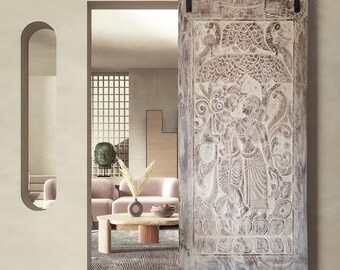 Vintage Indian Wall Panel, Radha Krishna Whitewashed Interior Door, Studio, Resort, Reclaimed Wood, Custom Sliding Barn Door, 83x36