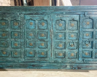 Antique Indian Doors Rustic Credenza, Sideboard, Blue Farmhouse Patio Cabinet Storage, Jodhpur Blue Sideboard, Kitchen Buffet, Media Chest