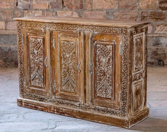 Brass Studs Credenza Chest, Kitchen Island, Rustic TV Cabinet, Vintage Storage, Artisan Carved Floral Buffet Sideboard 52