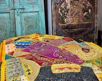 Vintage Sari Tapestry, Hand Embroidery Sequins Work Yellow Pink Wall Art, Wall Decor, Boho Home Decor, Table Tapestries