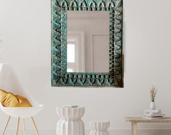 Hand Carved Mirror Frame, Blue Carved Wood Mirror, Handmade Mirror, Wall Mirror, Bathroom mirror, Vanity Mirror