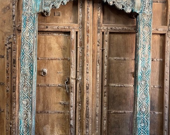 Antique Arch from India, Carved Teak, Scalloped Archway, Rustic Teak Doorway, Vintage Blue Arch Floor Mirror, Architectural Design 99x60