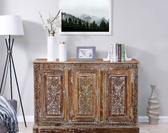 Vintage Country Cabinet Brass Studs Credenza Chest Rustic TV Cabinet Artisan Carved Wood Floral Buffet Sideboard 52