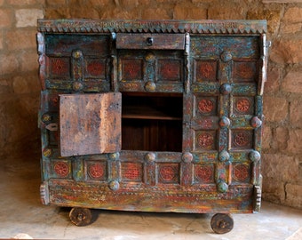 Vintage Indian wooden Indian Hope Chest, Solid Reclaimed Wood, Vintage Bar cart, Wine Chest on wheels, Rustic Red Blue Carved Jaipur Trunk