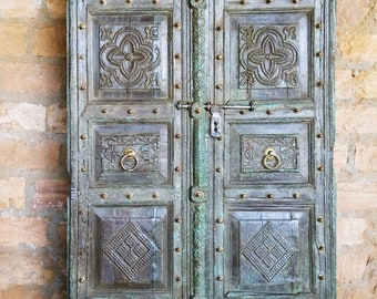 Antique Blue Teak Brass Cladded Iron Doors, India Door Pair,  Metal Studs Rustic Doors, Bedroom Doors, Eclectic Design 77x41