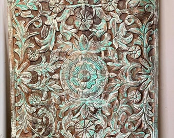 Hand Carved Sliding Door Panel, Green Lotus Barn Door, Farmhouse Door, Custom, Interior, Single, King Headboard, Nature Carved Door, 80