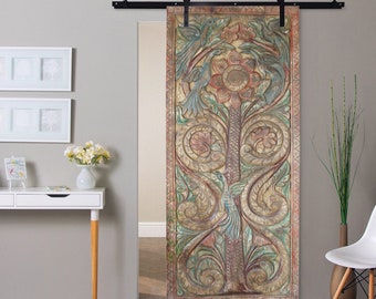Carved Sliding Barn Door, Tree of Life, Colorful Carved Artistic Barn Door, Interior, Custom, Rustic, Unique Eclectic Wall Decor, 83x36