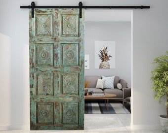 Rustic Farmhouse Vintage Sliding Doors, Green Distressed Wood BARNDOORS, Carved Barn Doors, Headboard, Home Decor 80x36