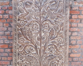 Kalpavriksha Vintage India Reclaimed Wood Hand-Carved Floral Barn Door, Interior Door, Tree of Dreams, Sliding Door WALL Relief Panel 84X40