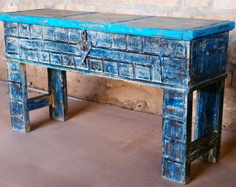 Blue Rustic Console Table Handmade Storage Chest Entryway Hall Table Accent Reclaimed Furniture