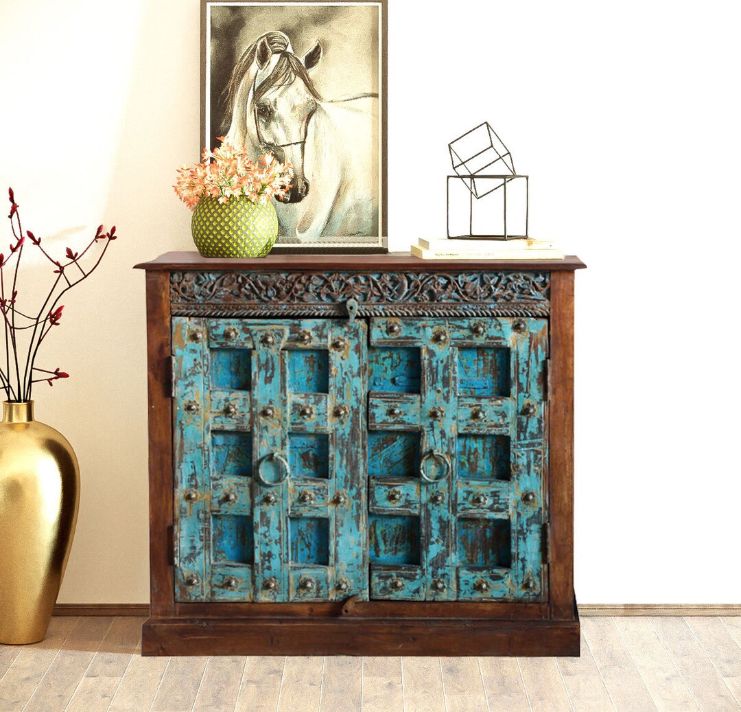 Vintage Blue Antique Indian Sideboard Coastal Cottage Etsy