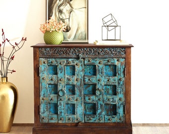 Vintage Blue Antique Indian Sideboard Cabinet, Coastal Cottage Farmhouse Credenza, Carved Rustic Media TV Console, Buffet