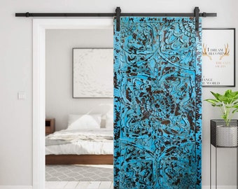 Blue Holistic Wall Art, Lotus Mandala Carving Single Door Panel, Vintage Wood Barn door, Bedroom, Yoga Barn Doors, King Headboard, 80x36