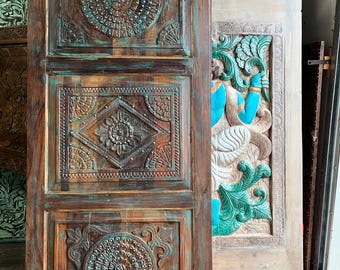 Thousand Petal Lotus Copper Studded Carved Door, Bedroom Door, Vintage Eclectic, Reclaimed wood Artistic Statement Doors 7'x3'