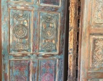 Blue Carved Sliding Door, Vintage Carved Wood Door, Reclaimed Wood, Pantry Door, Indian door, Architectural Design 80x36