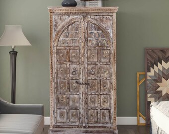 Rustic Carved Wardrobe Armoire, Whitewash Arched Doors, Vintage Doors Cabinet, Farmhouse Cabinet, Storage Chest, 83x46 NEW SHIPMENT