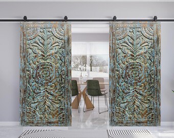 Lotus Valley Hand Carved Door Vintage Blue Carved Wood Door Sliding Door Custom Door Mandala Carved Door Wooden Door, Wall Decor 80x36