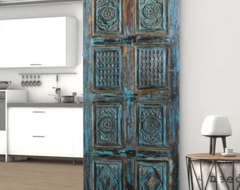 Sliding Vintage Barn Door, Maze of Stars Blue Reclaimed Wood Bedroom Doors, Rustic Barndoor, Farmhouse Resort Decor 80x30