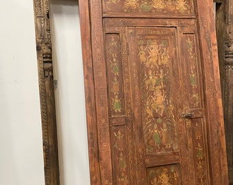 18C Antique Indian Door, Barndoor, Ganesha Painted Jharokha Barn Door, Red Patina, Mindful Decor, Artistic Temple Doors