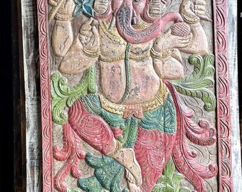 Vintage Ganesha Door, Colorful Carved Barn Door, Carved Door Panel, Wall Art, Dancing Ganesha Temple Door, Indian Door, Yoga Studio Door 84