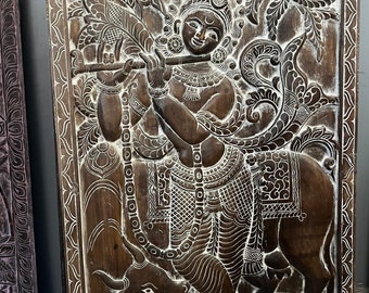 Vintage Carved Door Panel, Krishna Playing Flute with His Cow Panel, Rustic Wall Sculpture Art, Custom Barn Door