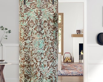 Green Lotus Barn Door, Headboard, Farmhouse Closet Door, Carved Sliding Door Panel, Custom, Interior Door, Ceiling, Nature Carved Door, 80