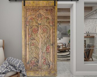 Decorative Sliding Barn Door, Tree of Life, Rustic Vintage Wood Artistic Barndoors, Ochre hues Indian Carved Doors, Accent Wall Art, 83x36