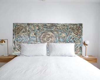 Lotus Harmony Carved Door Headboard, Vintage Wood King Headboard, Rustic Carved Wood Boho Decor, Wellness Interior Design