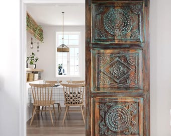 Copper Studded Carved Door, Thousand Petal Lotus Barn Door, Vintage Sliding Door, Reclaimed wood, CUSTOM SIZE Artistic Statement Doors 7'x3'