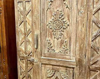 Farmhouse Country Cabinet, Brass studs Vintage Whitewash Single Door Armoire, Storage Chest, Antique Liquor Armoire, Bedroom, Living room 69