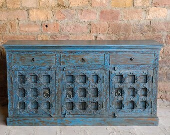 Rustic Old Door Sideboard, Blue Patina Credenza Buffet, Old World Sideboard, Media Chest, Farmhouse Cabinet Storage