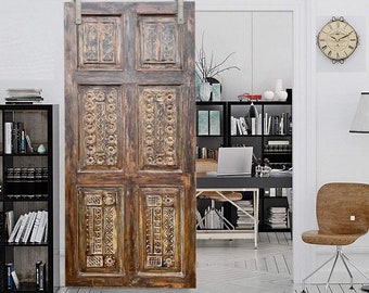 Antique Indian Single Door Panel, Rustic doors, Sliding Door, Floral Carved, Custom, Interior Hinged Door, Eclectic Interior Decor,  80x36