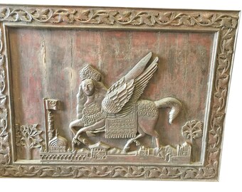 Antique Al-Burāq Wall Sculpture, Rustic Old World Stallion Hand Carved Wall Hanging, Unique Eclectic