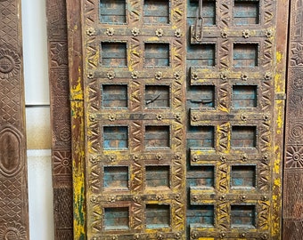 Antique INDIAN JAIPUR DOOR, Handcarved Blue Yellow Haveli Doors, Patina Door Farmhouse Distressed Teak Door, Garden Resort Decor 86x46 Inch