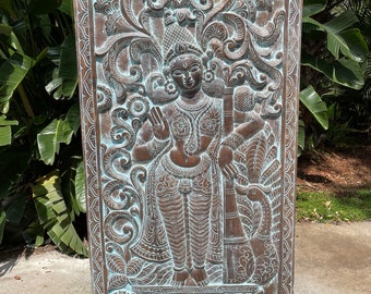 Vintage Saraswati Playing Veena with Swan, Rustic Wood Wall Carvings, Barn Door Panel, Indian Art, HINDU Goddess of MUSIC 72x36