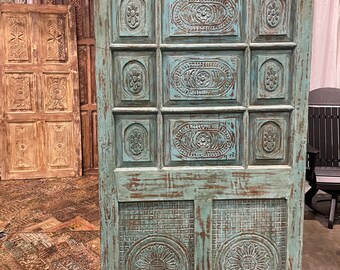 Rustic Vintage Sliding Barn Doors, Farmhouse Door, Jaipur Blue Distressed Wood BARNDOORS, Single Carved Barn Doors, Unique Eclectic 81x37