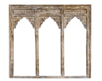 Vintage Whitewash Triple Arch Mirror, Natural Reclaimed Wooden Carved Window MIRROR, Rustic Decor Architecture Carved Arch 59x59