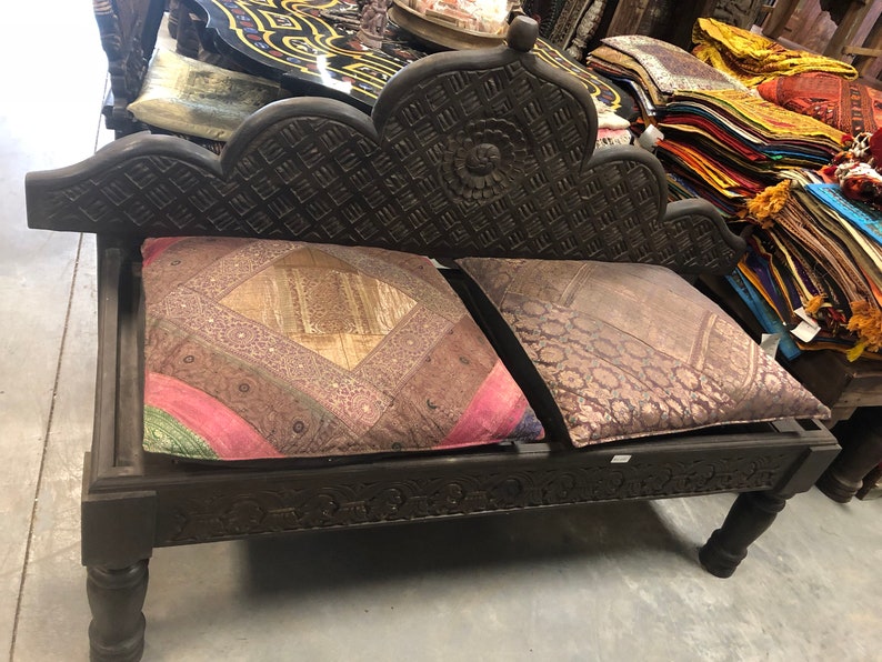 Beautiful Antique Accent Lotus Carved Bench Settee Bohemian Etsy
