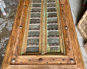 Rustic Brass Accents Center Table, Antique Carved Door Repurposed Coffee Table, Detailed Asian Indian Table, Farmhouse Country Distressed