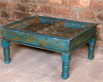 Antique Coffee Table, Hand Carved Haveli Window Turquoise Blue Rustic Wood Chai Tables, Cocktail Table, Interior Design 43x36x22