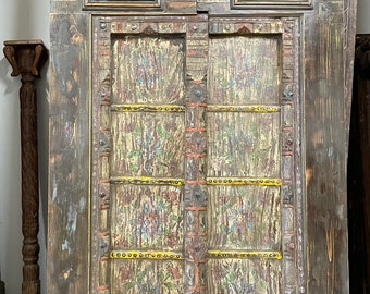Antique Interior Design Old Doors,  Indian Door Panels, Yellow Floral Handmade Print Doors, Rustic Boho Farmhouse Doors FREE SHIPPING  84x40