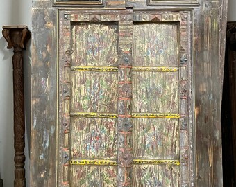 Antique Interior Design Old Doors,  Indian Door Panels, Yellow Floral Handmade Print Doors, Rustic Boho Farmhouse Doors FREE SHIPPING  84x40