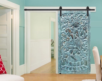 Blue Hues Fluting KRISHNA Kadambari Tree, Indian Carved Panel, Wall Sculpture, Barn Door, Reclaimed Wood, Custom TABLE