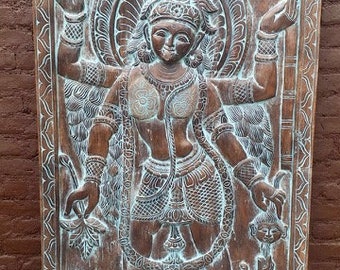Vintage Kali, Adi Shakti, Kalika Wood Carving Panel, Hindu Goddess Kali Standing on Shiva, Wall Decor, Barn Door, Wall Art
