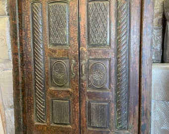 Shekhawati Garden Doors, Antique Indian Doors With Frame, Rustic Dark Teak Wood Farmhouse Doors, Headboard, Unique Eclectic