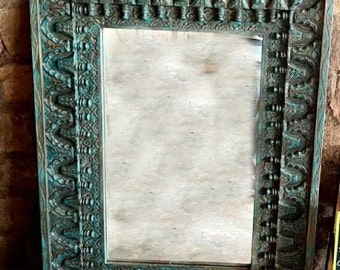 Vintage Inspired Decorative Mirror, Blue Carved Finials Wall Mirror, Farmhouse Rustic Bathroom Eclectic Decor