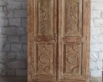 Mahal Vintage Carved Cabinet, Old teak cabinet, Antique Whitewash Armoire with drawers, Bedroom storage, Resort Home Decor NEW SHIPMENT 77