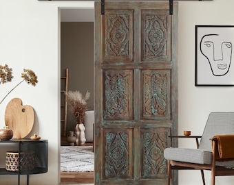 Vintage Organic Door Blue Doors, Artistic Carved Sliding Barn Door, Large Artistic Bedroom Doors, Unique, Maximalist, Eclectic Design 96x48
